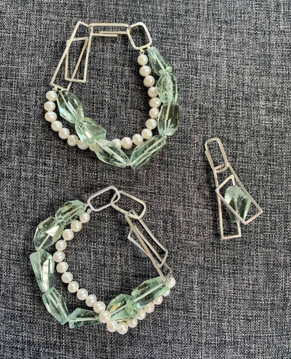 Nikki Oji styling green amethyst multi sections bracelets and pendant - Genna Delaney Jewellery