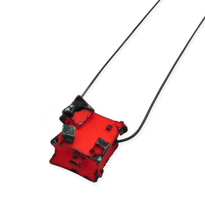 Red Black Cube Pendant - Oxidised Silver Detail