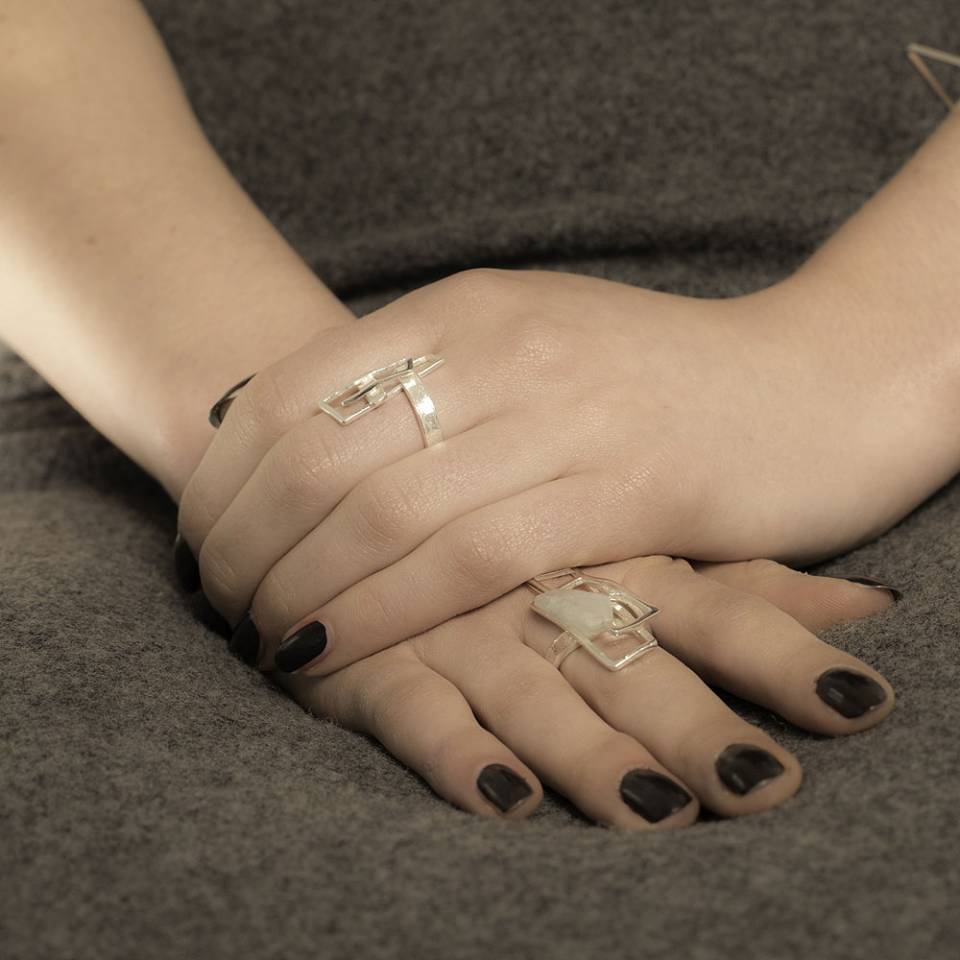 large component aquamarine ring and small component ring modelled - Genna Delaney Jewellery