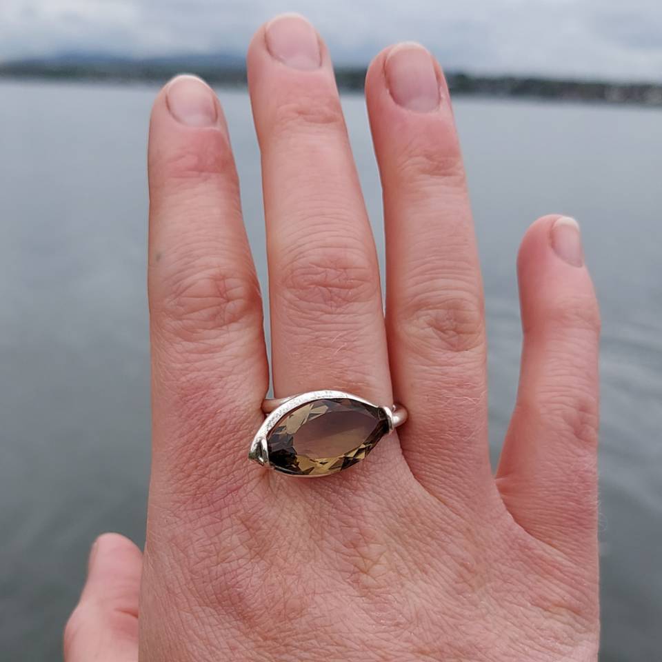 smokey quartz marquise cut silver adjustable ring