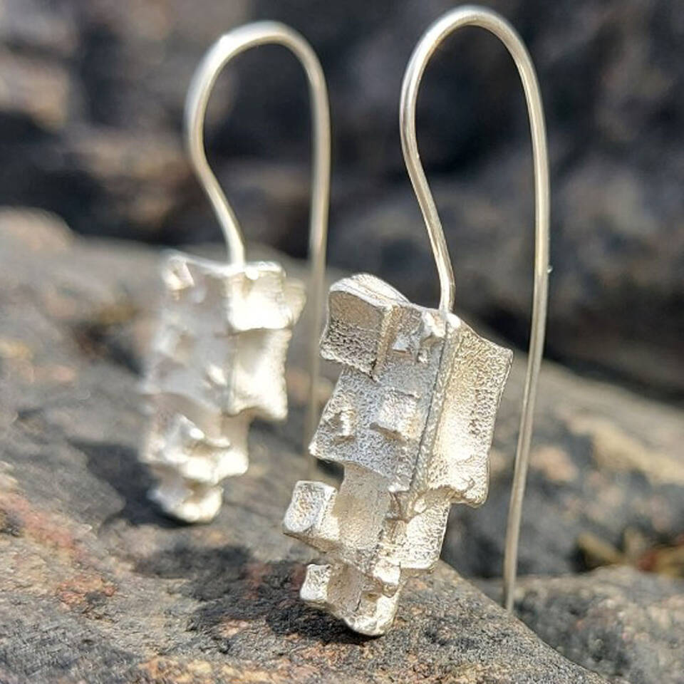 silver pyramid cube drop earrings