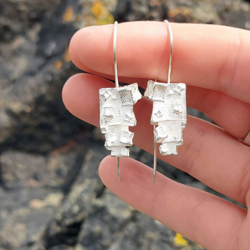 silver pyramid cube drop earrings