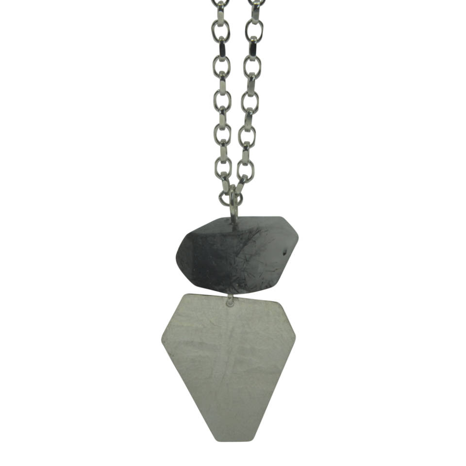 hex silver tourmalinated quartz drop pendant