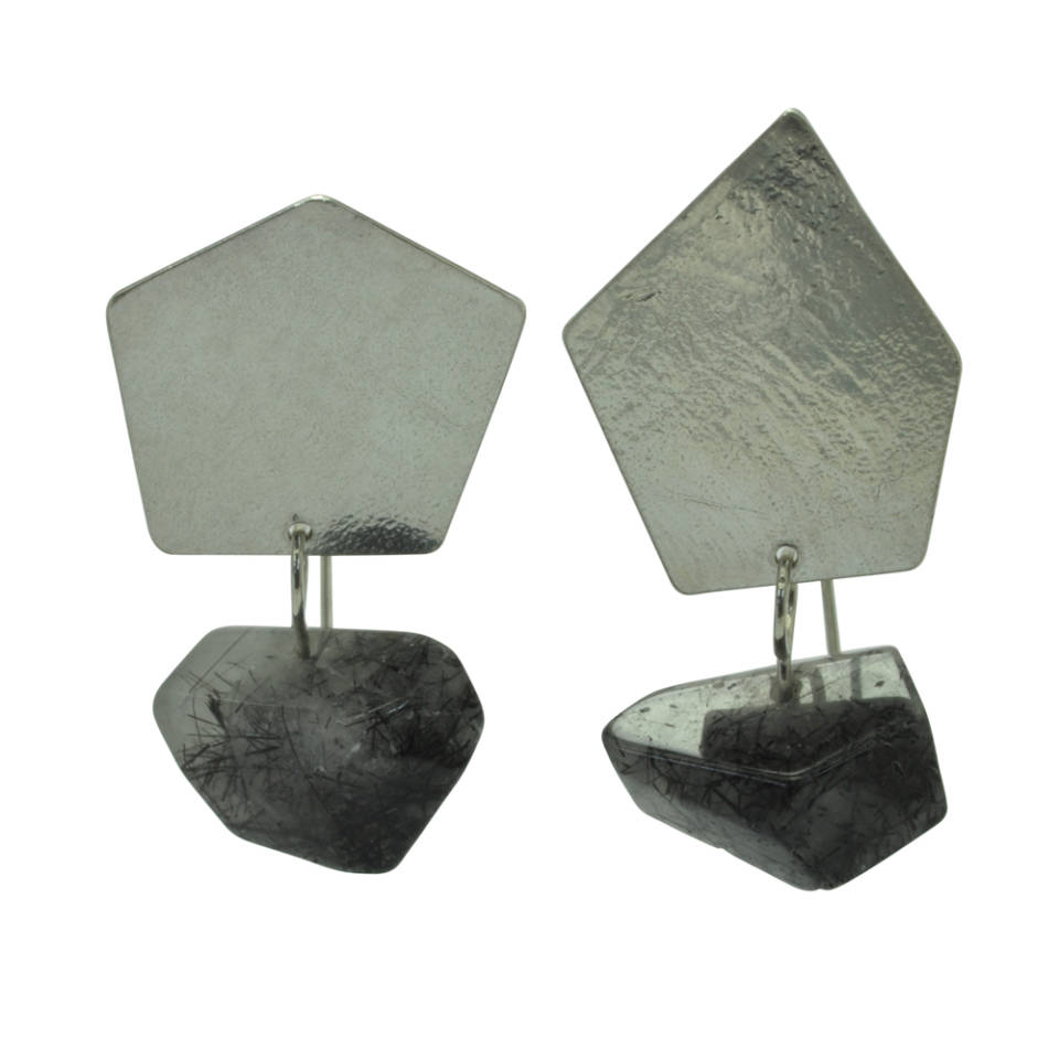 mis matched hex silver tourmalinated quartz stud drop earrings
