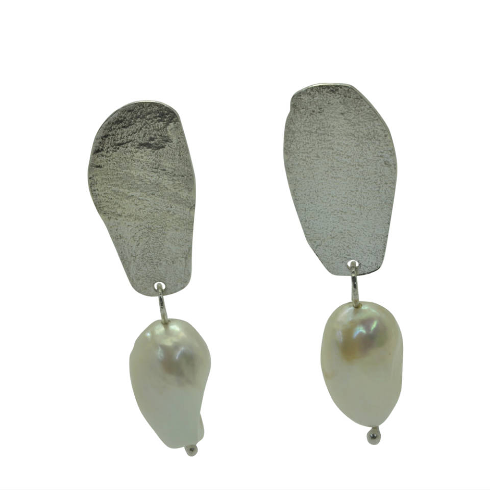 rollered silver baroque pearl drop stud earrings