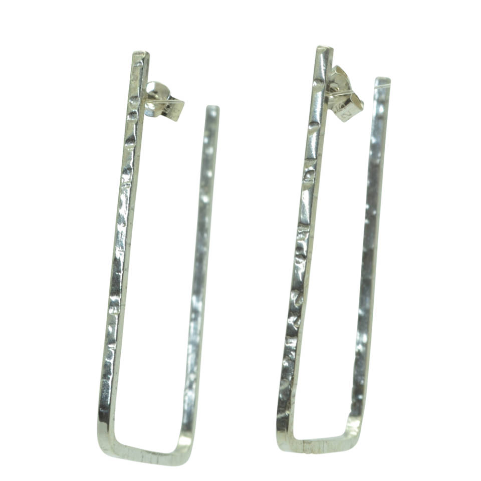 Textured silver rectangle wire hoop earrings