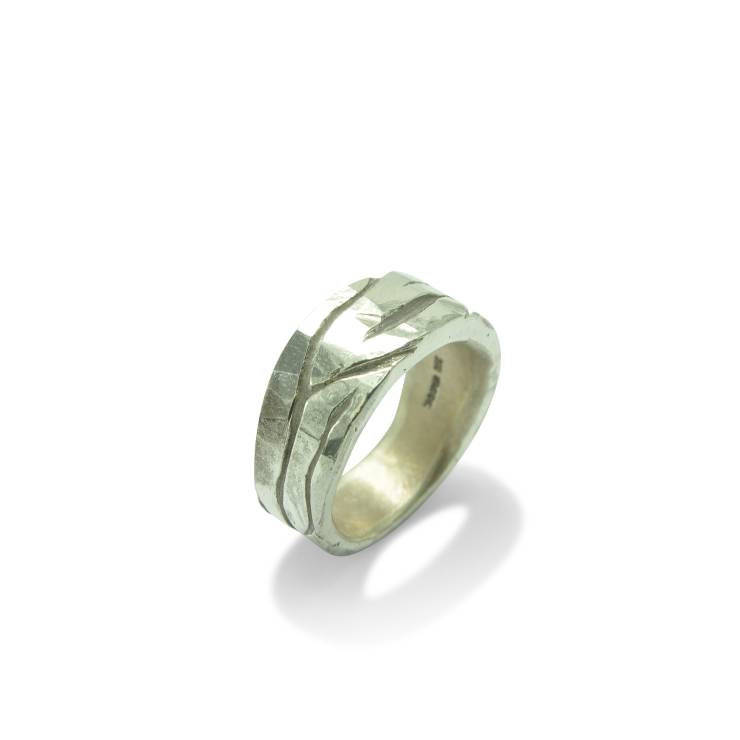 natural world ring with bark texture detail silver