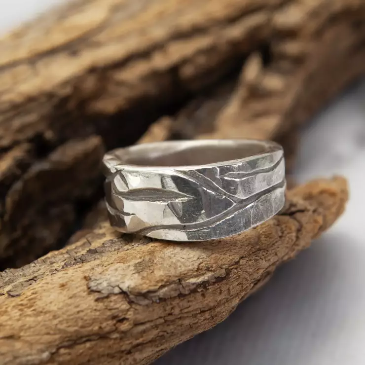 silver wave tree bark wedding ring