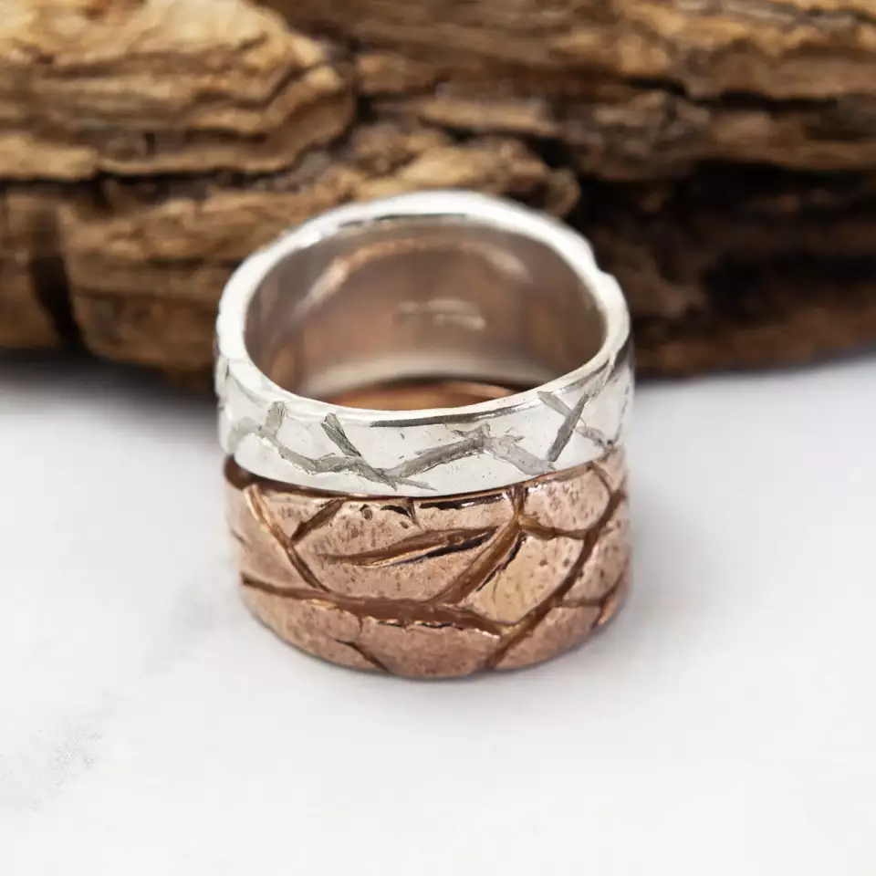 tree bark signet rings stacked silver and rose gold plated silver signet wedding rings