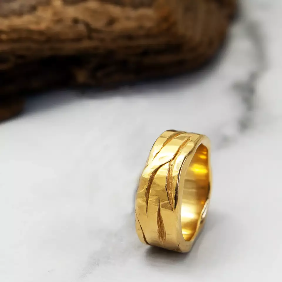 wave tree bark textured gold plated silver wedding ring