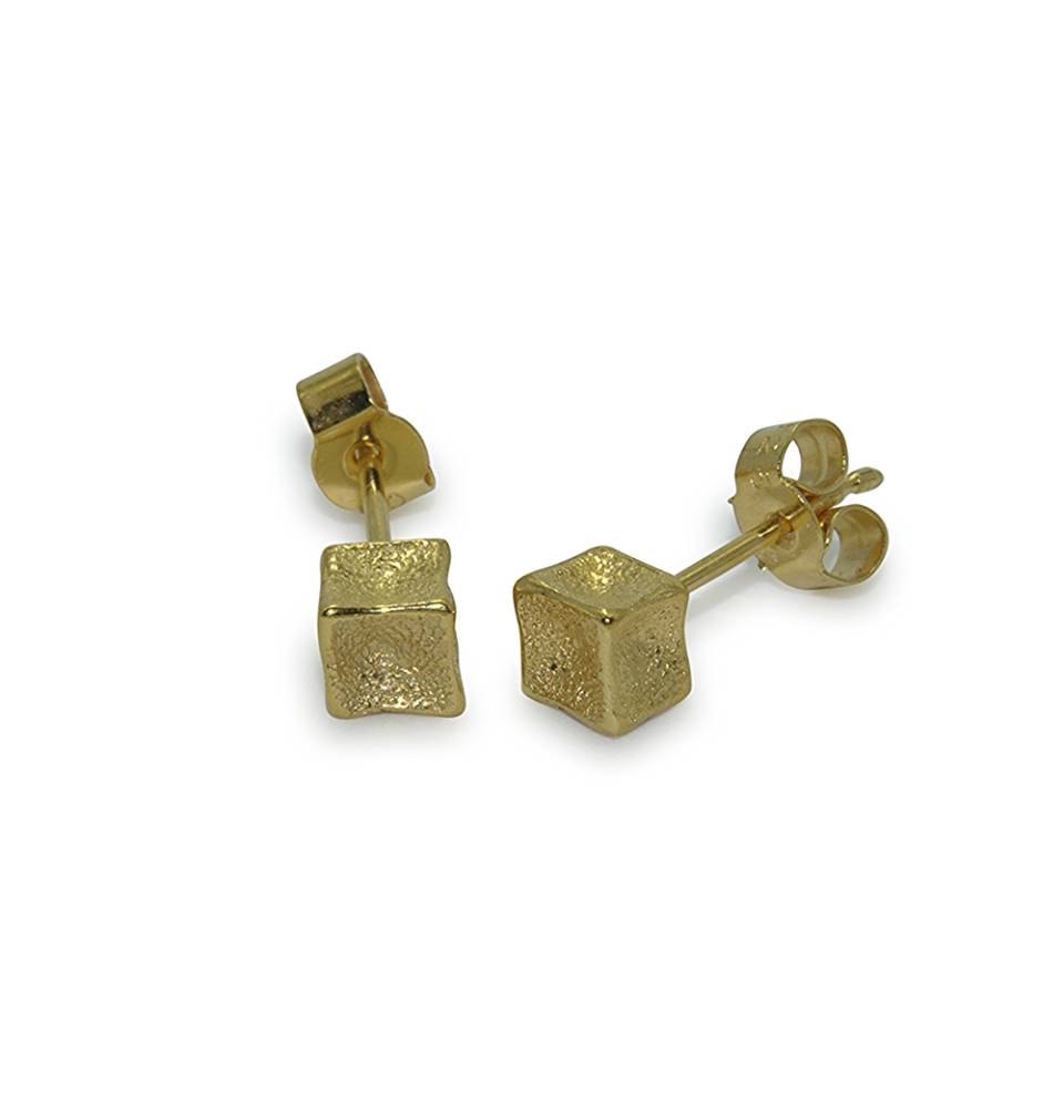 18ct yellow gold plated silver tiny cube studs side - web