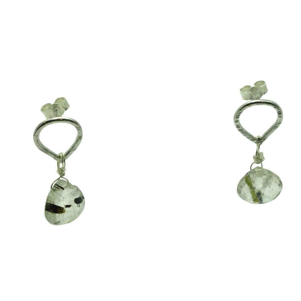 Tourmalinated quartz bead silver heart drop stud earrings - web