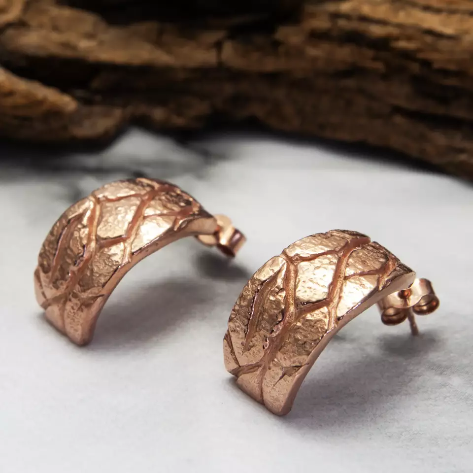 9ct rose gold plated tree bark hoop earrings